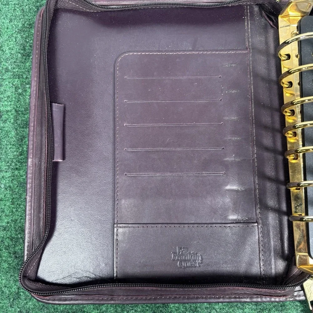 Vtg Franklin Quest Planner Leather Classic Binder Zip Black Brown Leaves